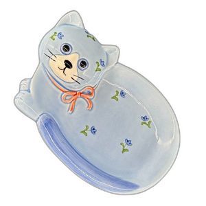 VTG Otagiri Japan Blue Cat With Floral Accents Pink Ribbon Soap/Trinket Dish